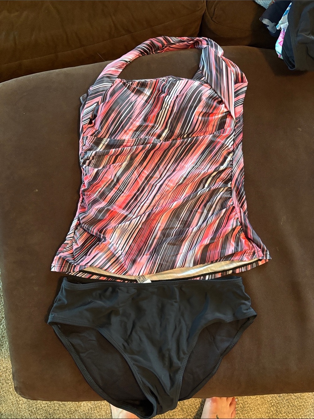Striped Pink one shoulder Tankini Top with Black Swim Brief